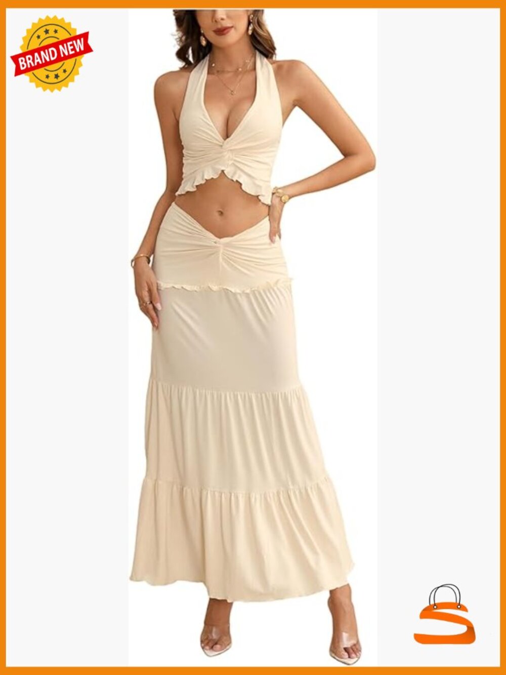 2 Piece Outfits Tie Backless Halter Crop Top Ruffle Maxi Skirt Set Vacation
